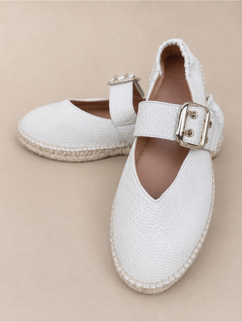 Jutelia White Pebbled Leather Mary Jane Espadrille Flats Made in Spain Size 8